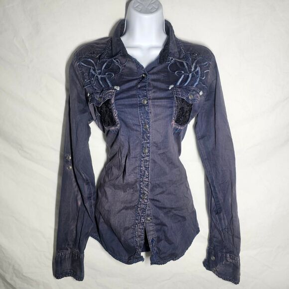 Vintage y2k roar grunge boho western faded blue lace button up - Picture 1 of 5